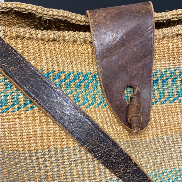 WICKER Raffia Tan Tote Market Leather Strap Flap - Picture 5 of 16